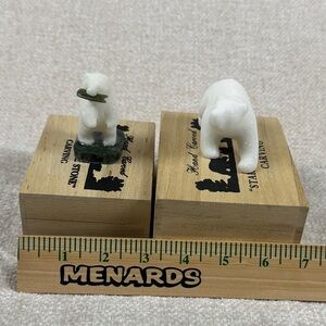 Hand Carved Marble Bear Figurines Set of 2 w Wooden Box Stone Decor